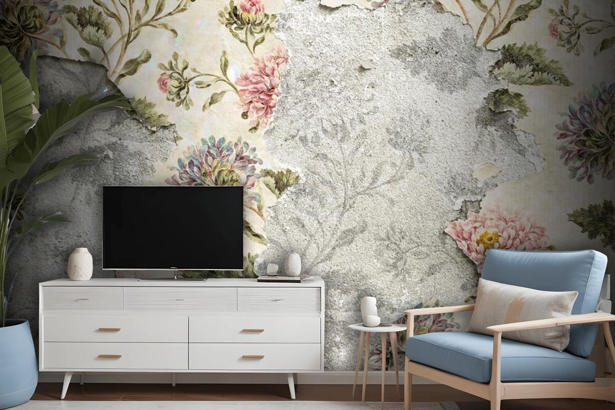 Peeling Floral Wallpaper On Concrete Wallpaper Mural