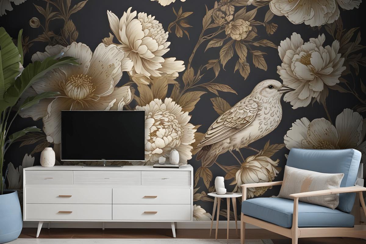 Peony Flowers With Bird Wallpaper Mural