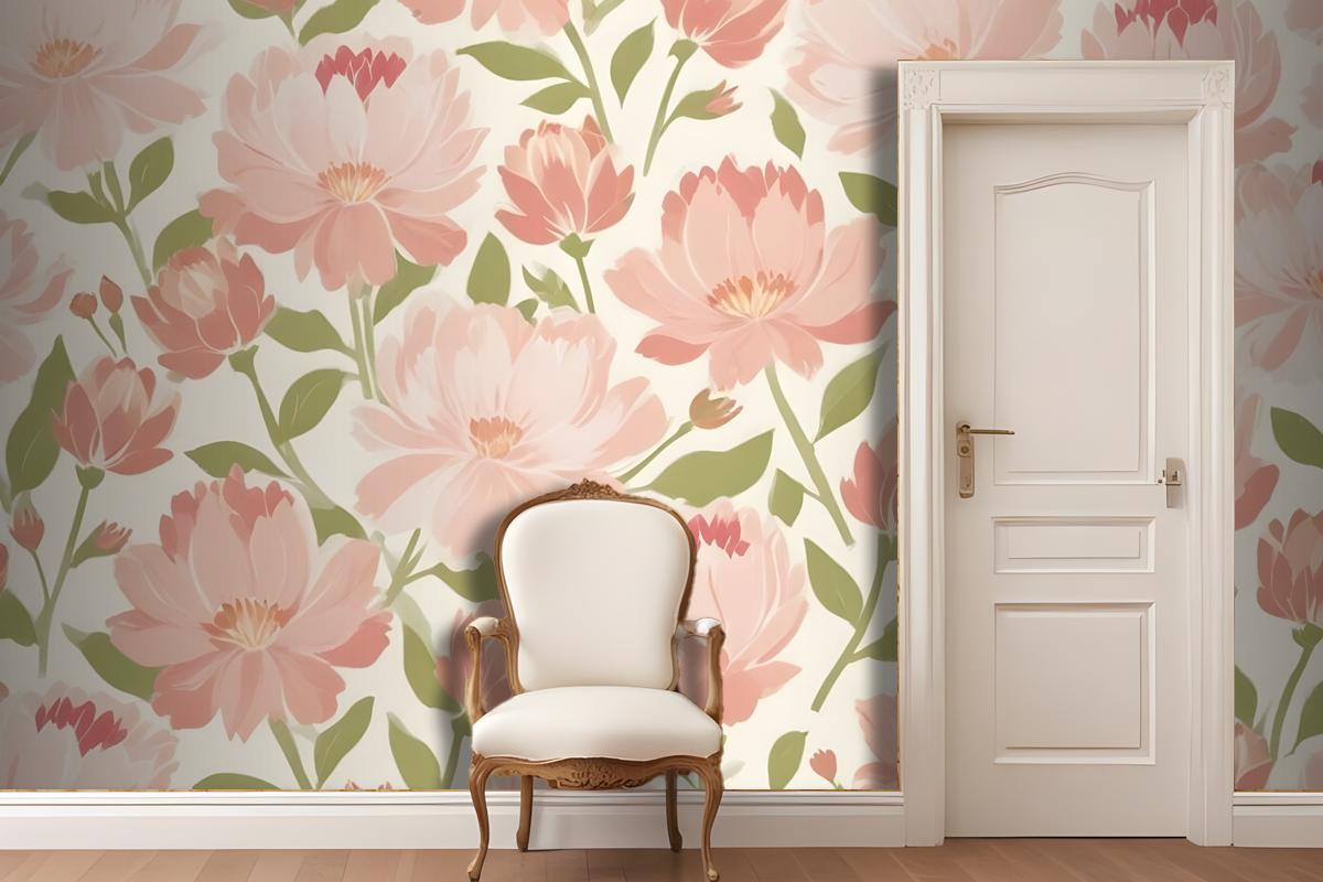 Pink And Peach Flowers With Green Leaves On A Light Wallpaper Mural