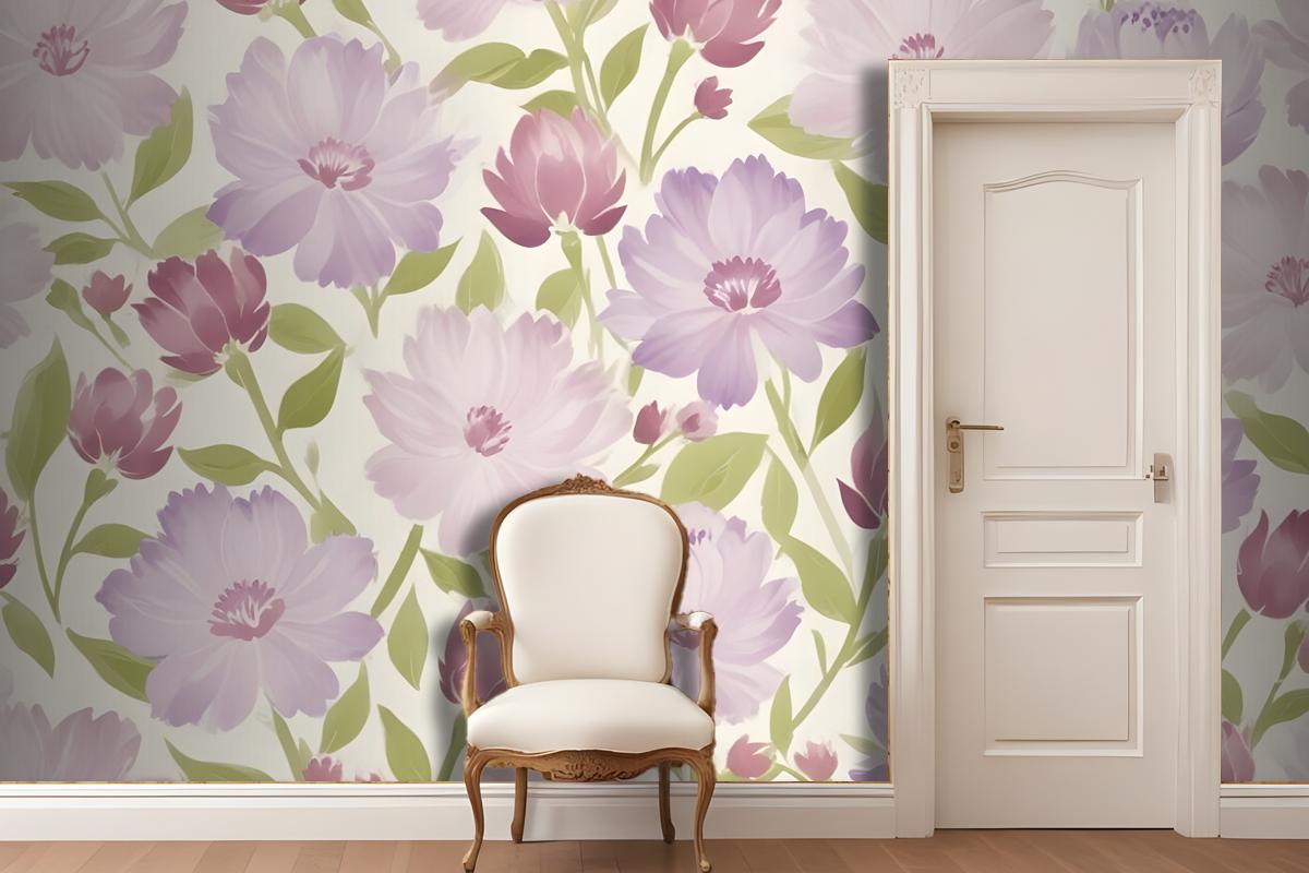 Pink And Purple Flowers With Green Leaves On A Light Wallpaper Mural