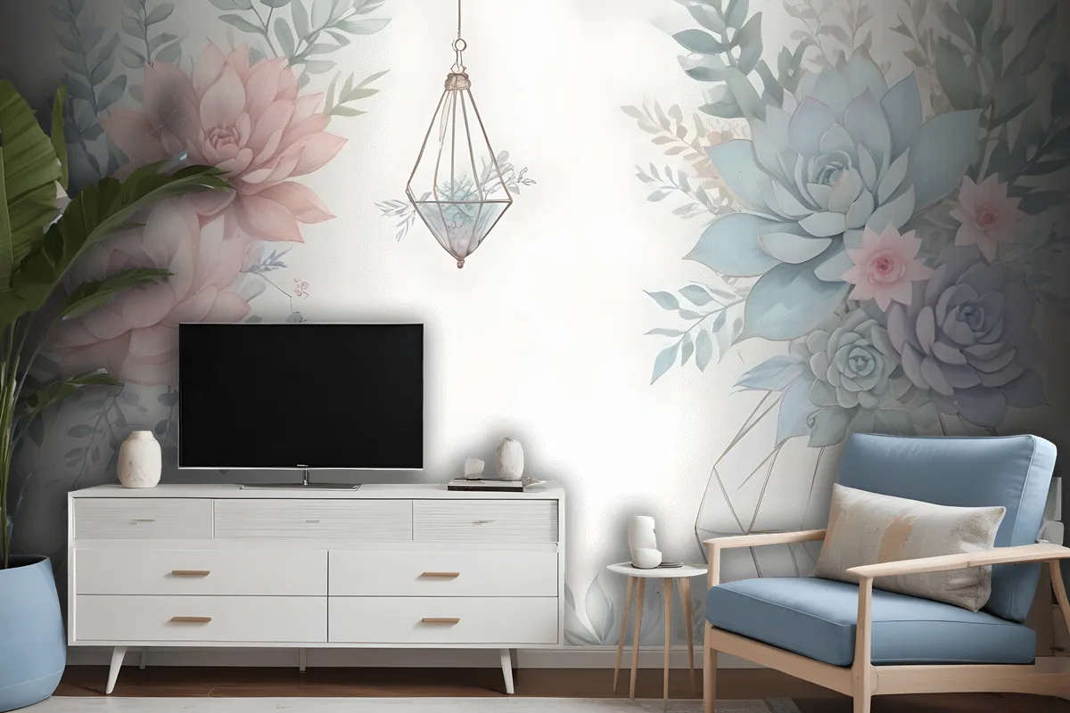 Pink Blue Soft Floral Wallpaper Mural