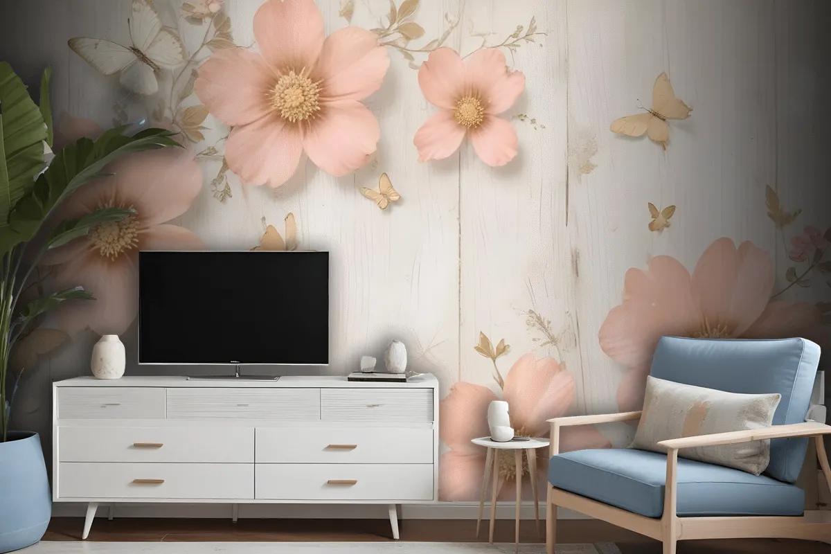 Pink Diamond Daisy With Butterflies Wallpaper Mural