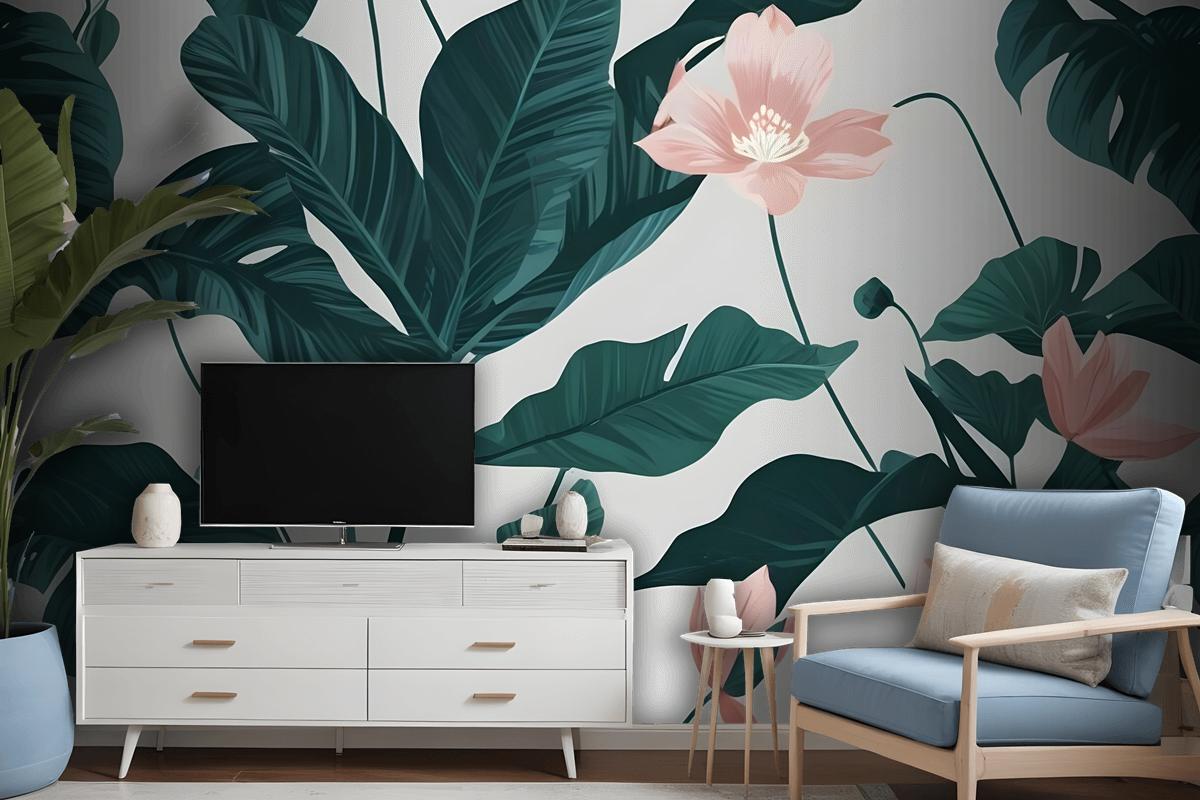 Pink Flower And Leaves Wallpaper Mural