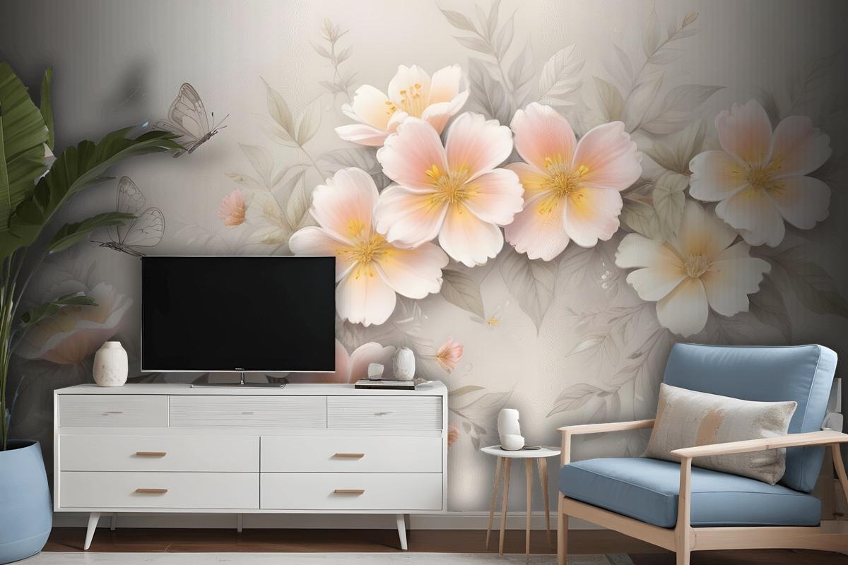 Pink Flower And White Butterfly Wallpaper Mural