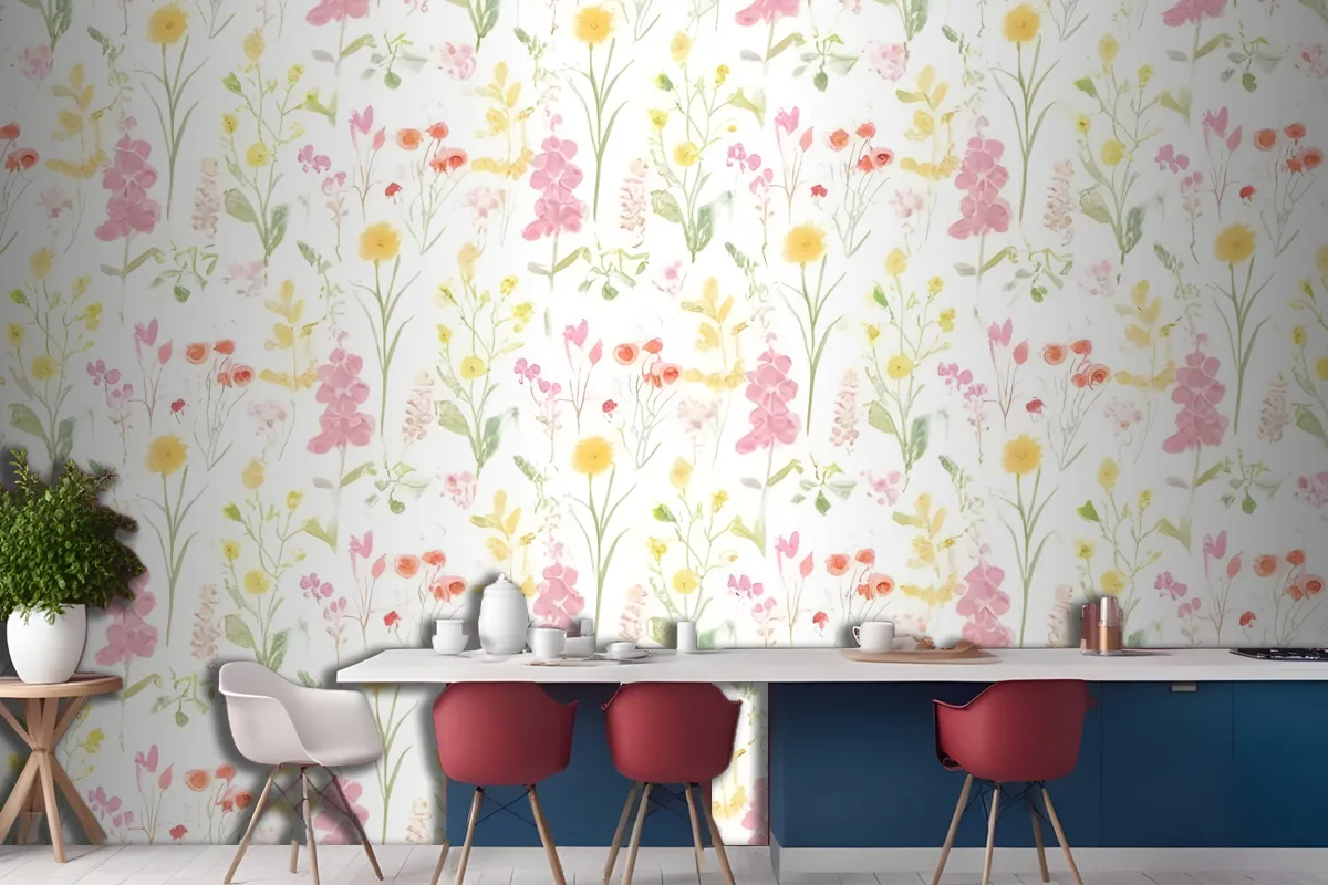 Pink Foxglove & Forget Me Not Flower Garden Wallpaper Mural