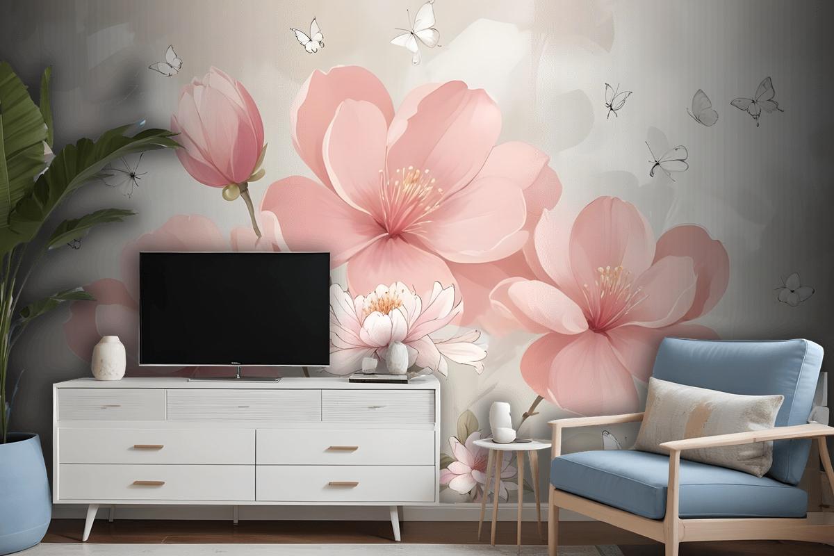 Pink Hdrangea Floral With Little Butterfly Wallpaper Mural