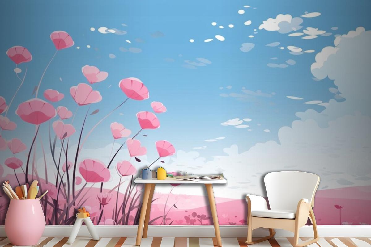 Pink Hearts In The Sky With Flowers And Clouds Wallpaper Mural