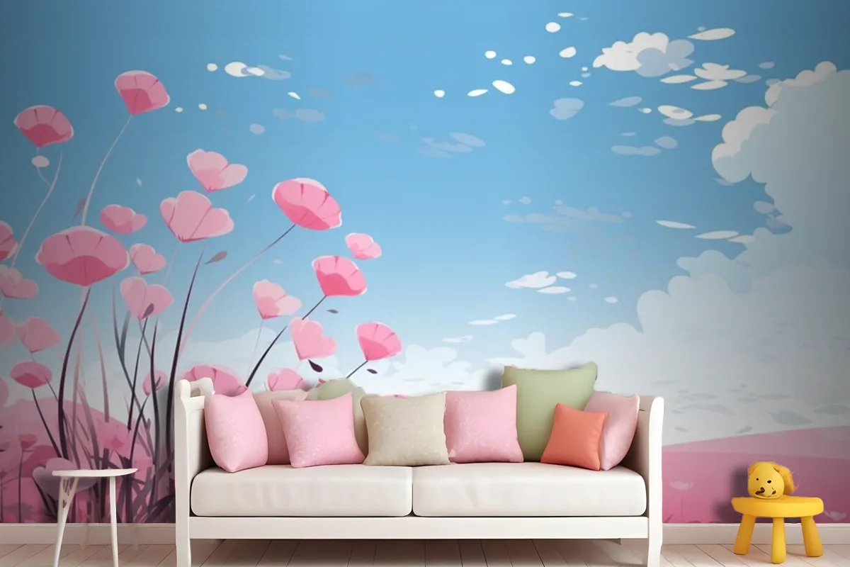 Pink Hearts In The Sky With Flowers And Clouds Wallpaper Mural