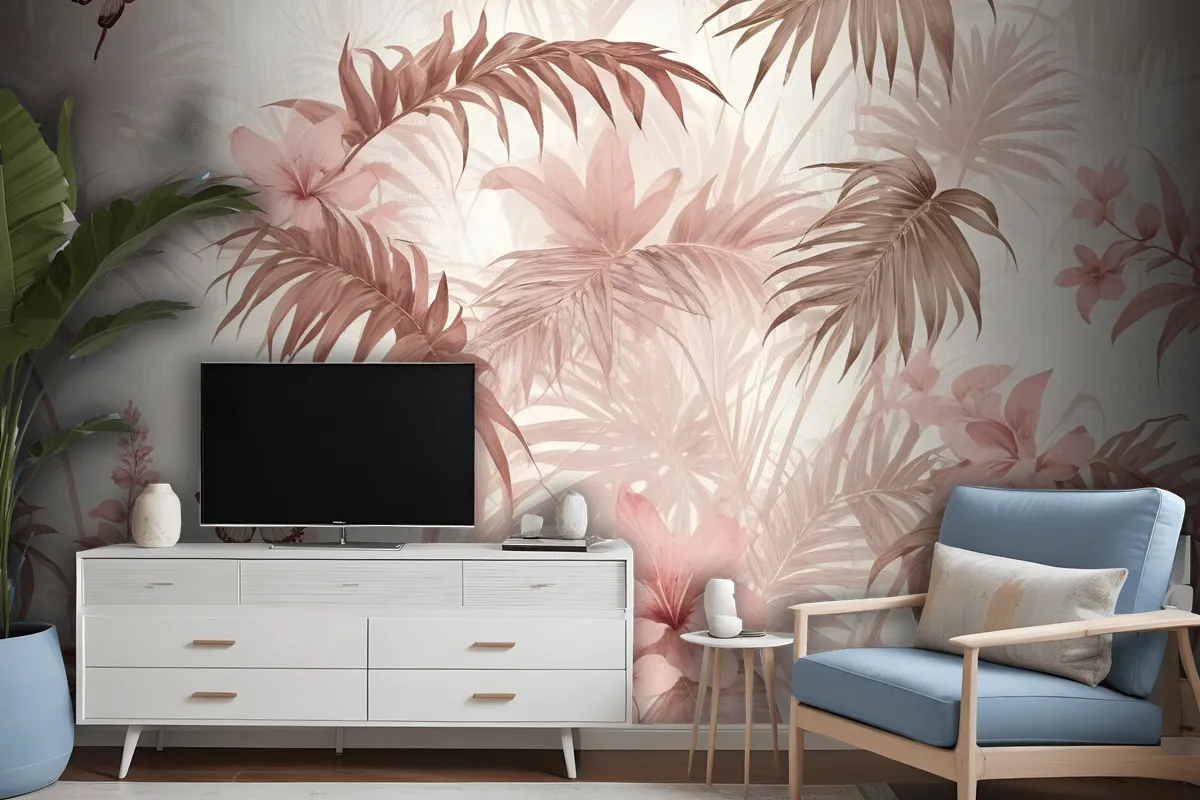 Pink Leaf And Blossom Wallpaper Mural