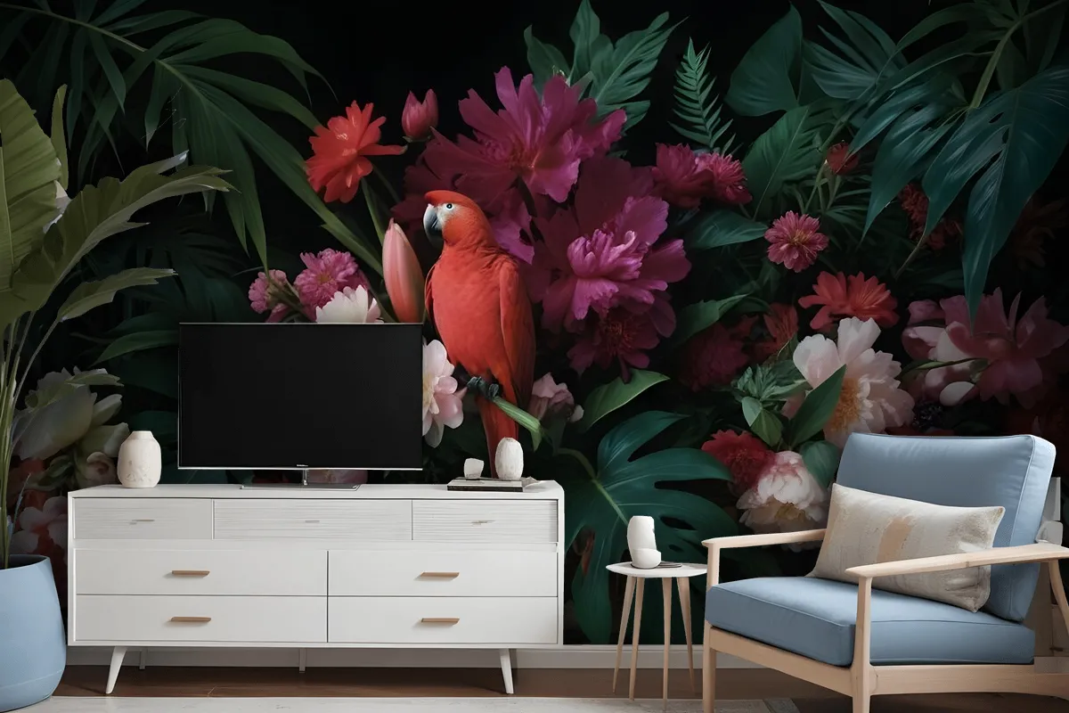 Red Parrot With Colorful Floral Wallpaper Mural