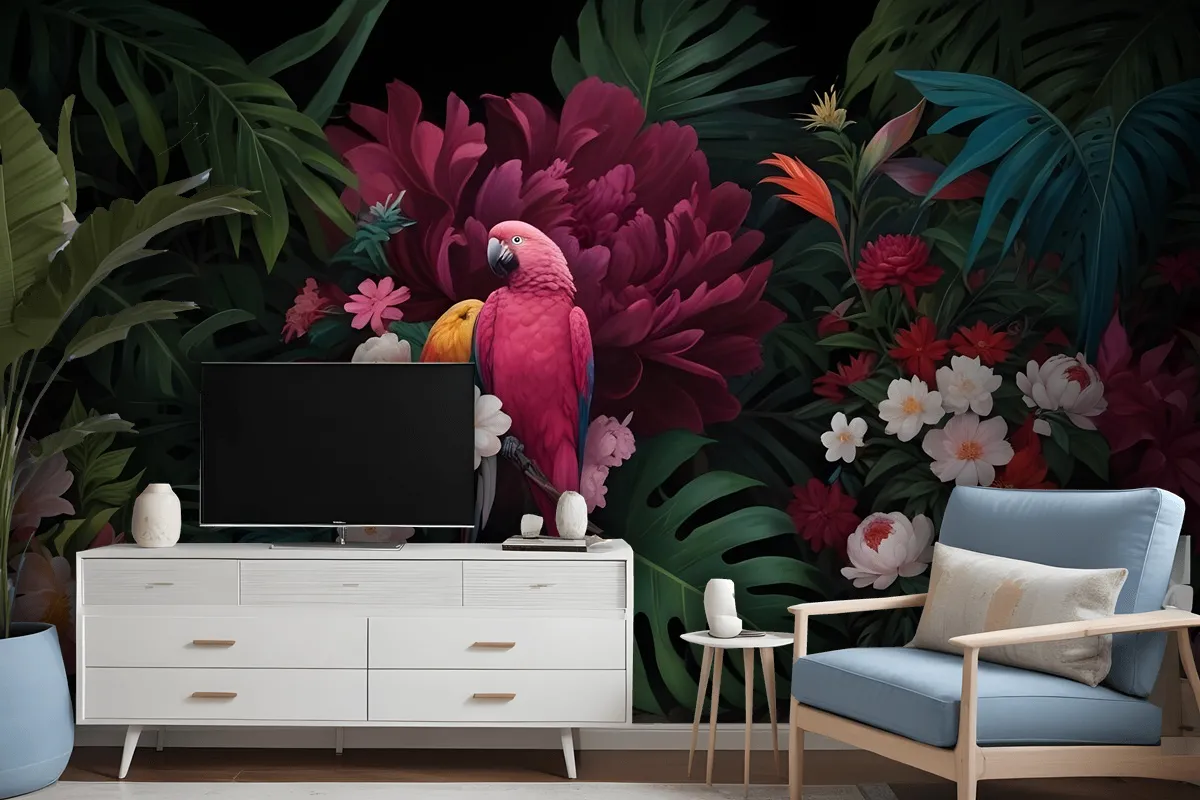 Pink Parrot With Colorful Floral Wallpaper Mural