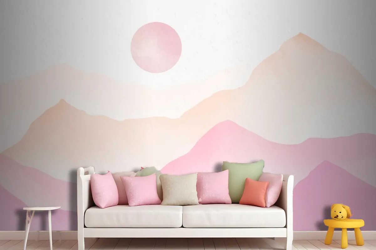 Pink Watercolor Mountains Background Wallpaper Mural