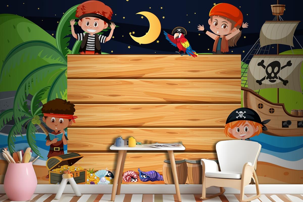 Pirate Kids At The Beach Night Scene With An Empty Wooden Wallpaper Mural