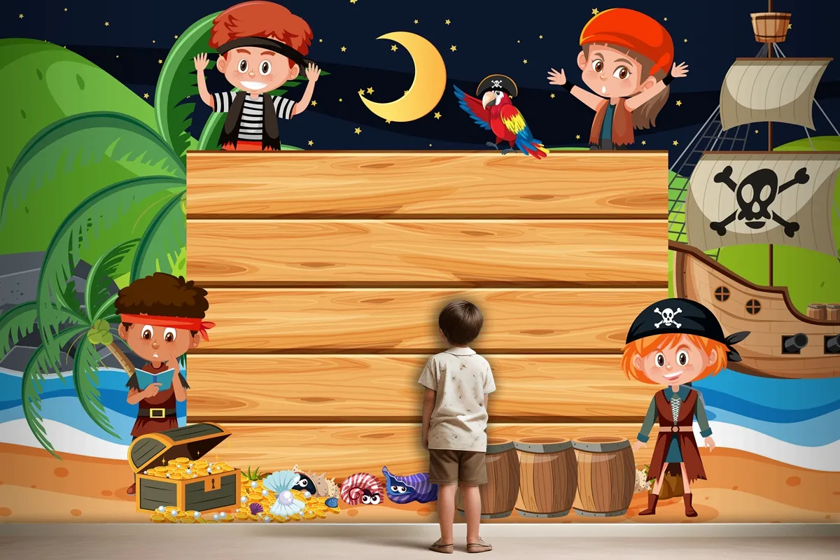 Pirate Kids At The Beach Night Scene With An Empty Wooden Wallpaper Mural