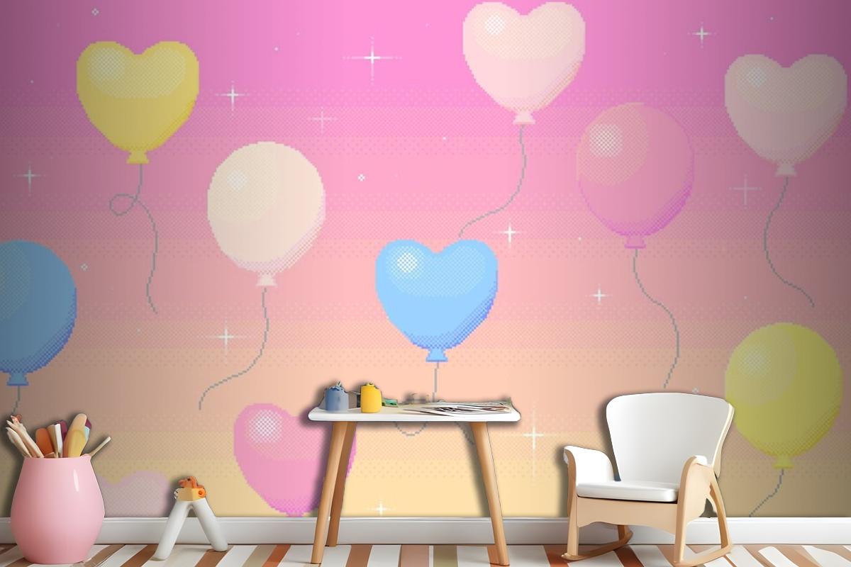 Pixel Art Background Of Balloons Flying In The Dreamy Sky Wallpaper Mural