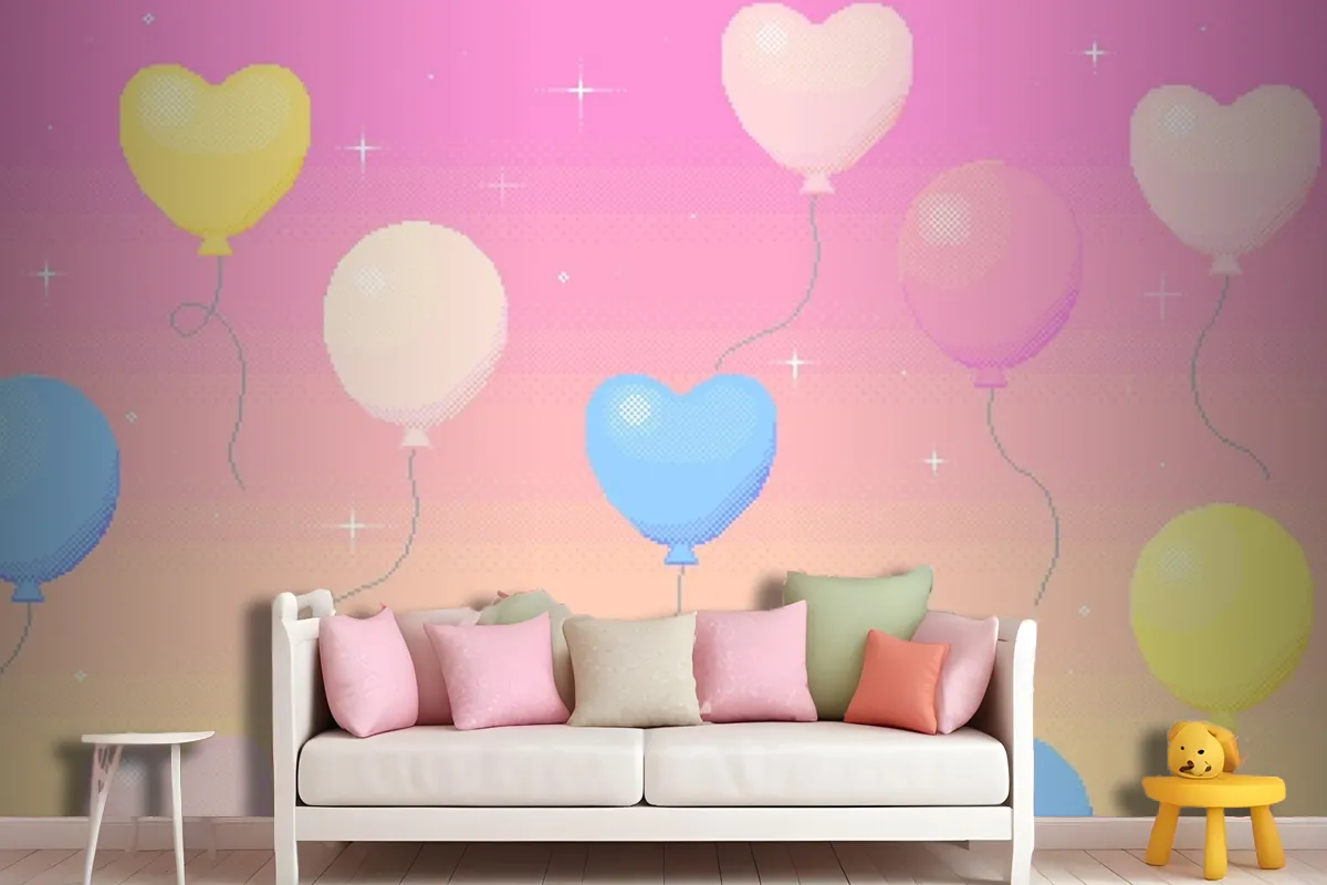 Pixel Art Background Of Balloons Flying In The Dreamy Sky Wallpaper Mural