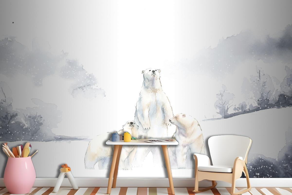 Polar Bears In The Snow Watercolor Wallpaper Mural