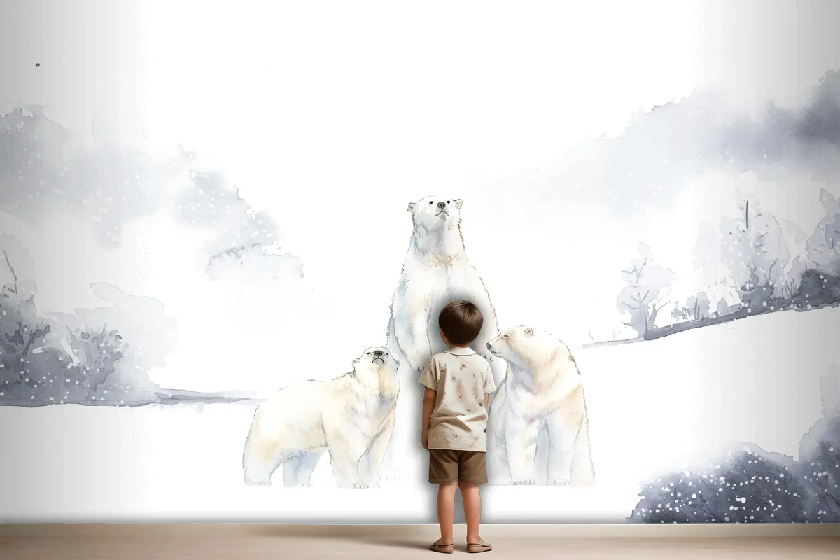 Polar Bears In The Snow Watercolor Wallpaper Mural