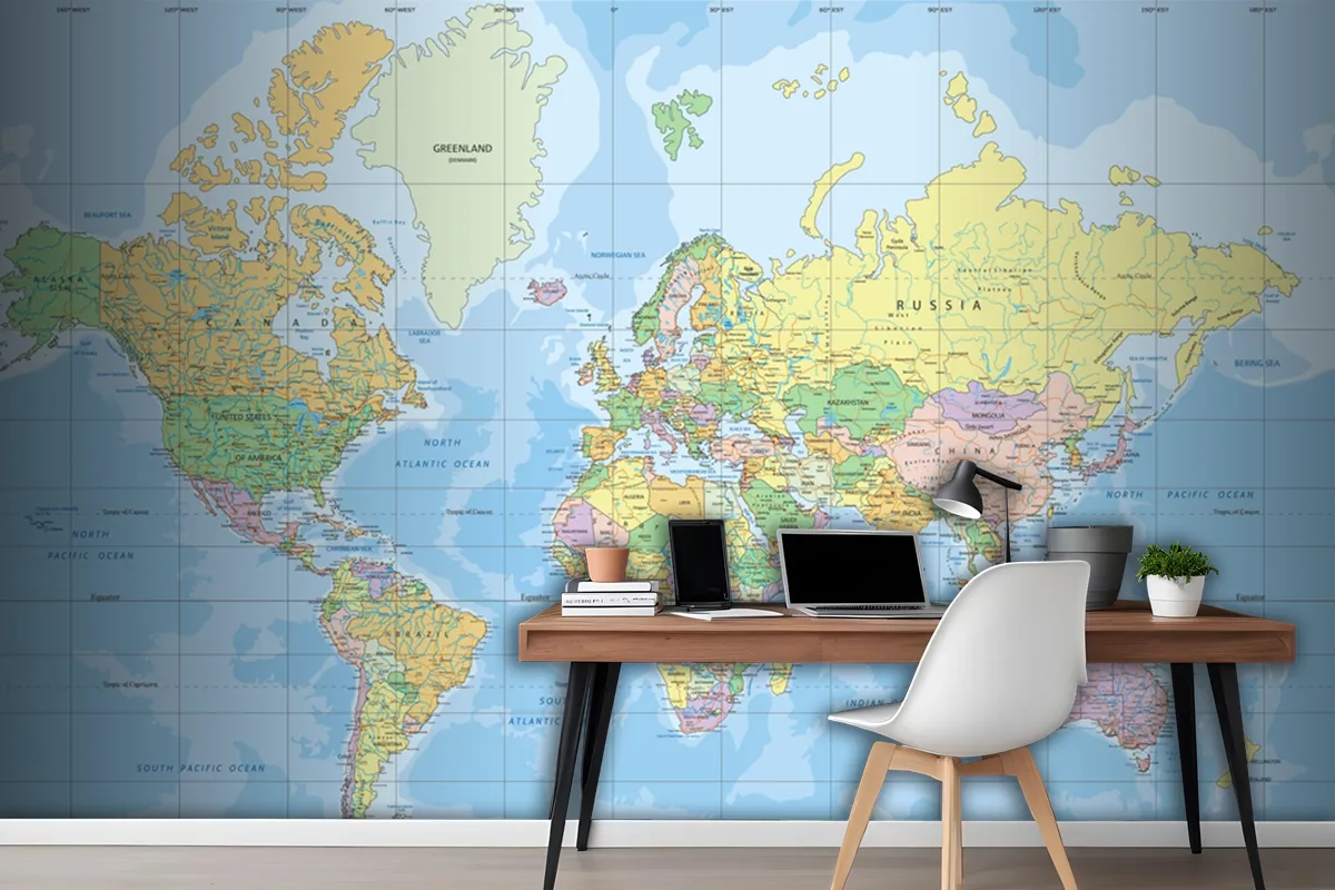 Political World Map In Mercator Projection Wallpaper Mural