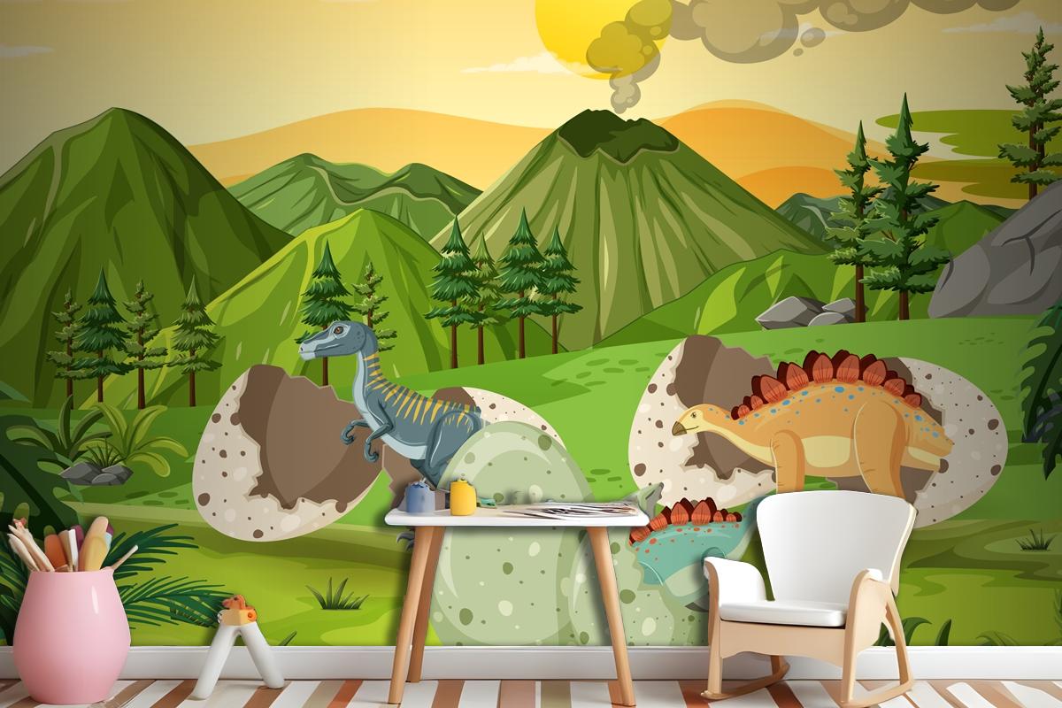 Prehistoric Forest With Dinosaur Cartoon Kids Wallpaper Mural