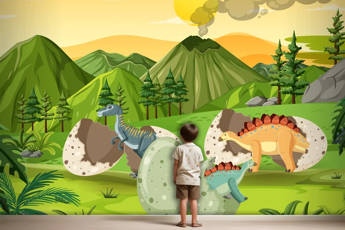 Prehistoric Forest With Dinosaur Cartoon Kids Wallpaper Mural