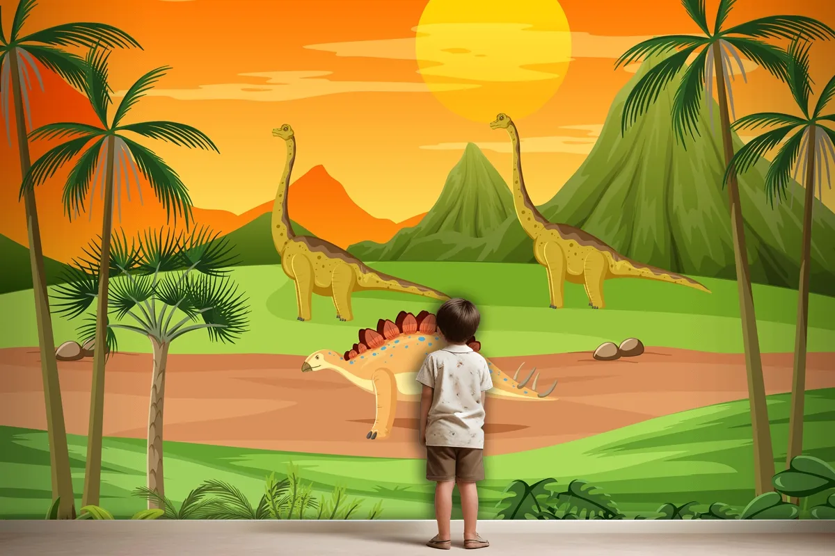 Prehistoric Forest With Dinosaur Cartoon Wallpaper Mural