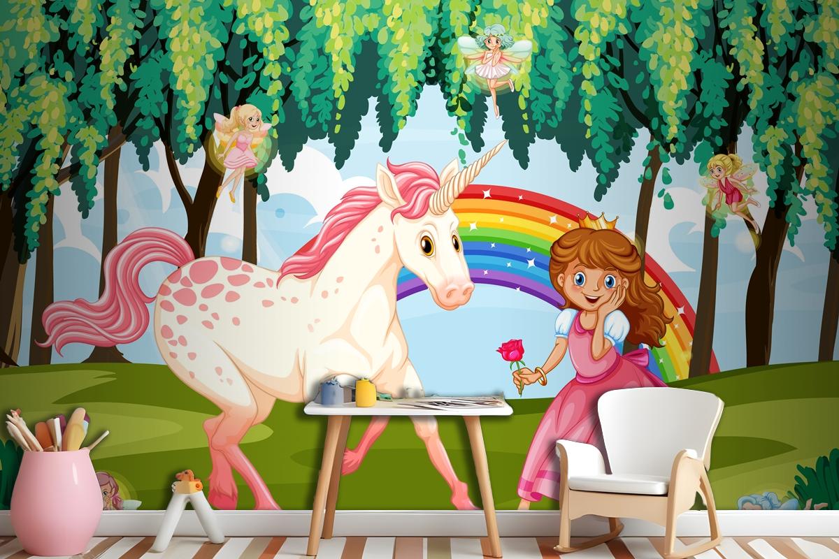 Princess And Unicorn In Enchanted Forest Background Wallpaper Mural