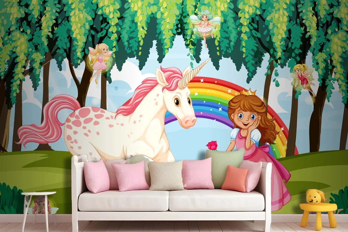 Princess And Unicorn In Enchanted Forest Background Wallpaper Mural