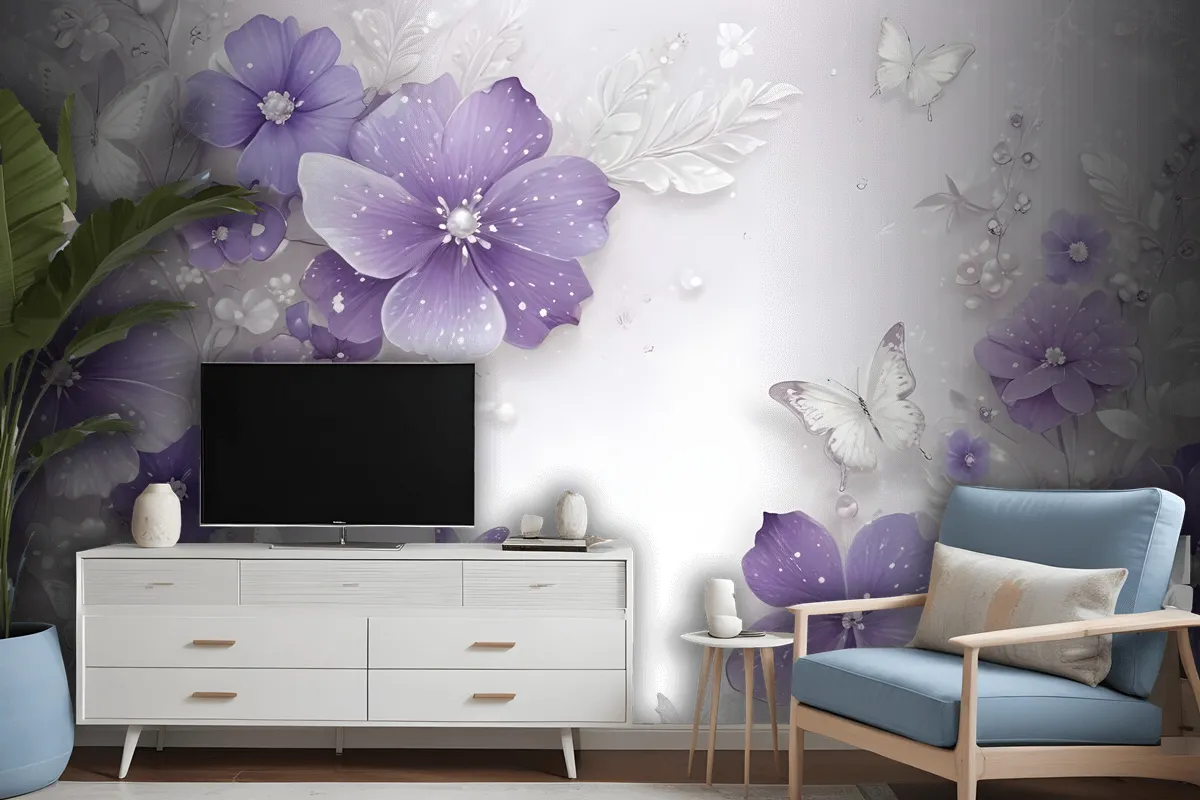 Purple Swarovski Floral With Little Butterfly Wallpaper Mural