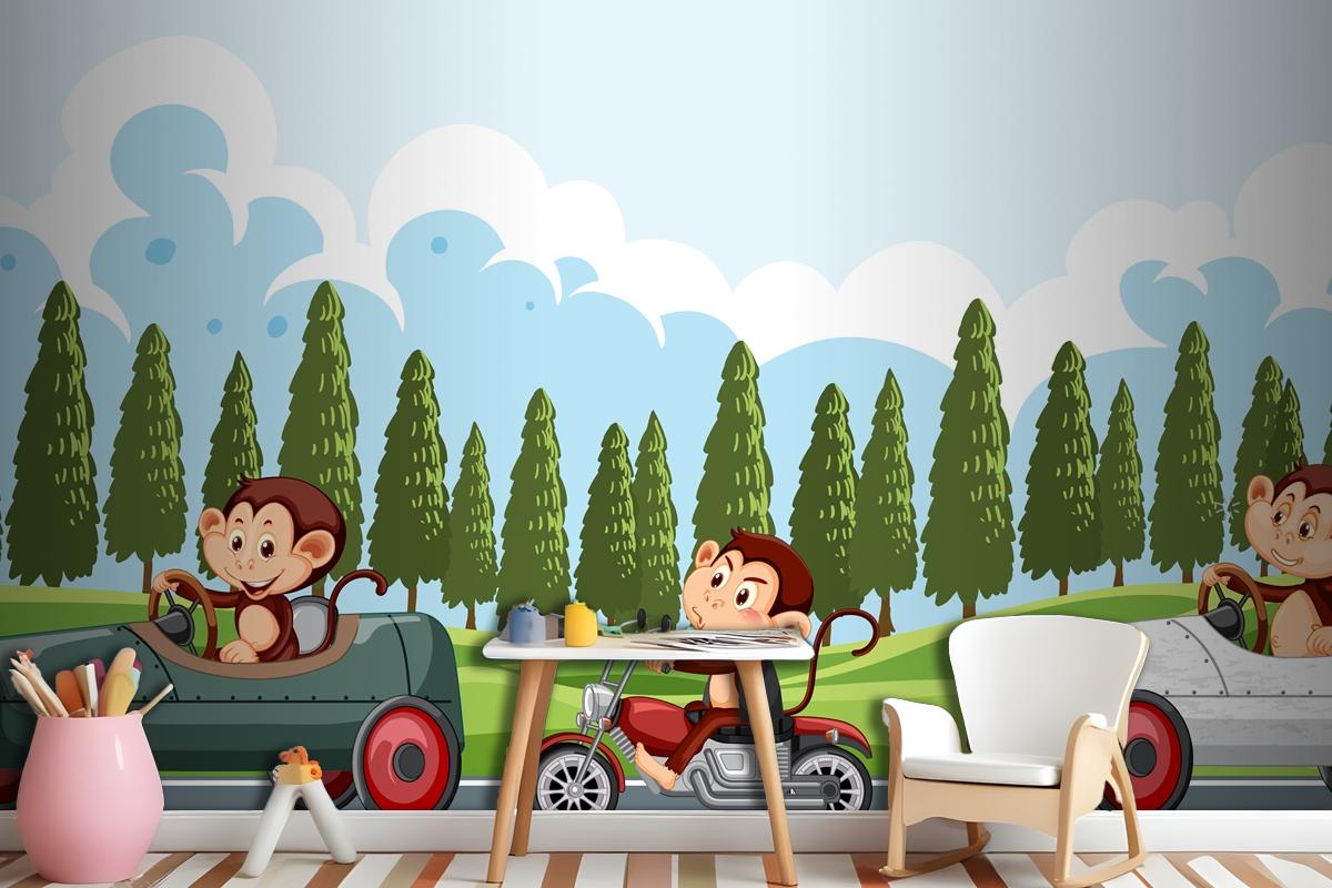 Race Track Scene With Monkey Racing Drivers Wallpaper Mural