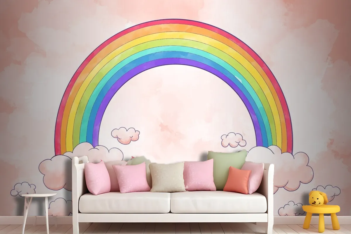 Rainbow With Clouds Watercolor Style Wallpaper Mural