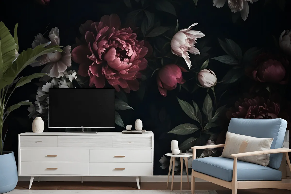 Realistic Dark Peony Floral Bouquet Wallpaper Mural