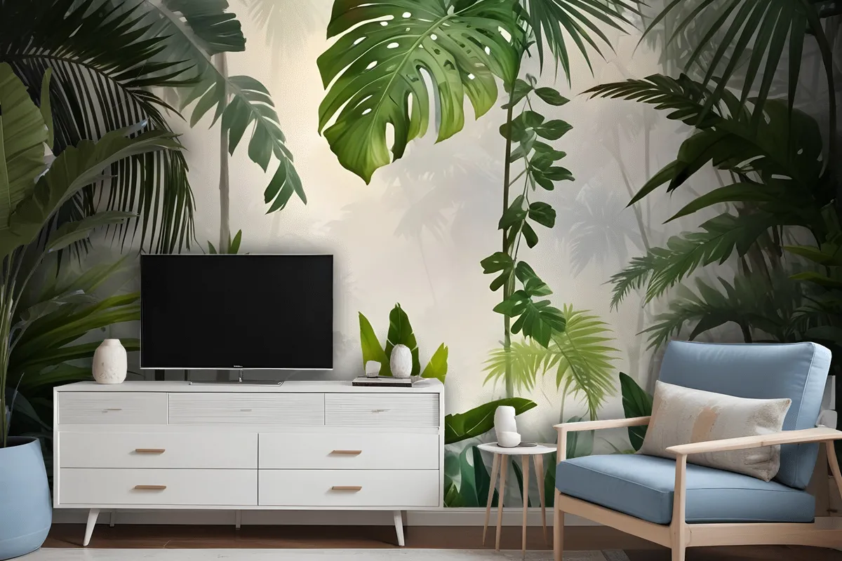 Realistic Tropical Jungle Plants Landscape Wallpaper Mural