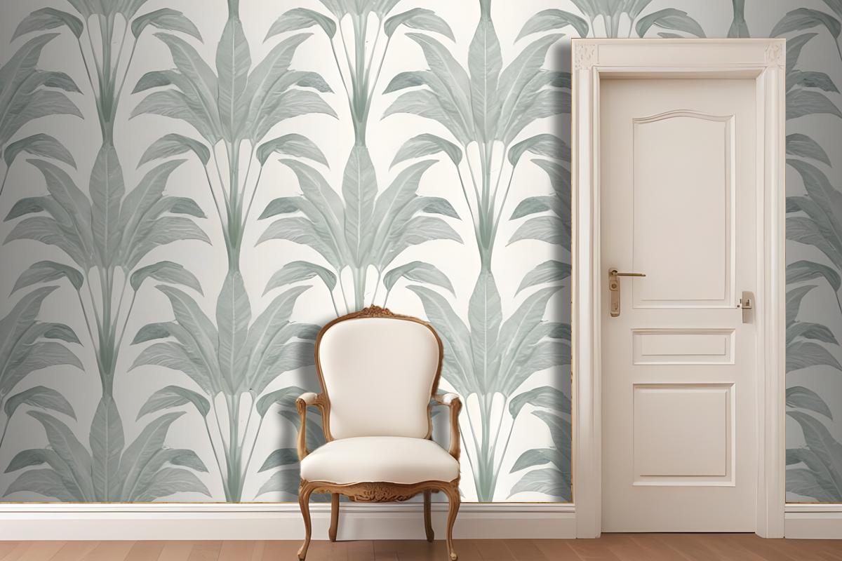 Repeating Pattern Of Large Green Palm Leaves Or Fronds Against A Light Gray Wallpaper Mural