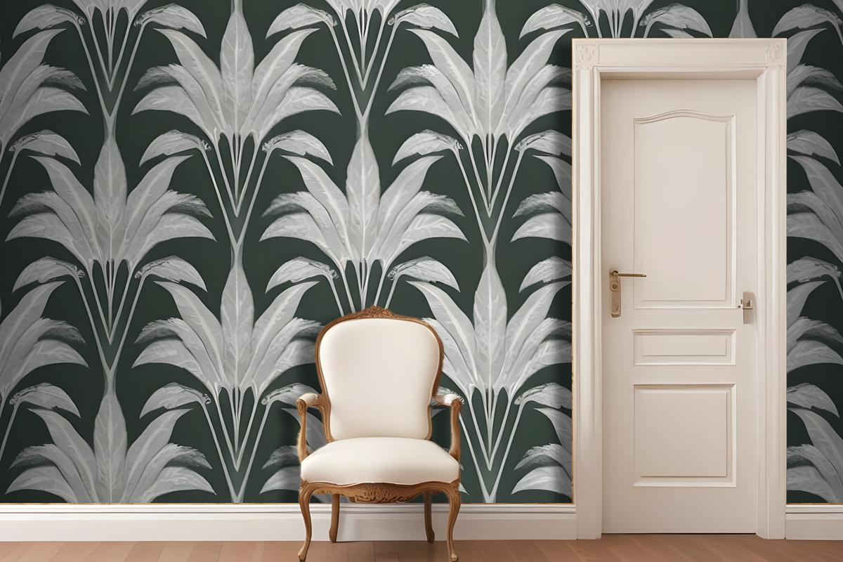 Repeating Pattern Of Leaflike Shapes In Shades Of Gray And White Against A Dark Green Wallpaper Mural