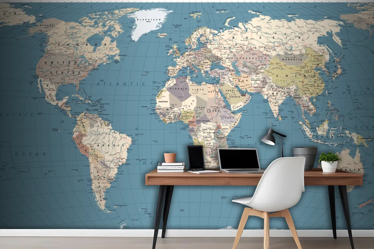 Retro Color World Map Borders Countries Roads And Cities Wallpaper Mural