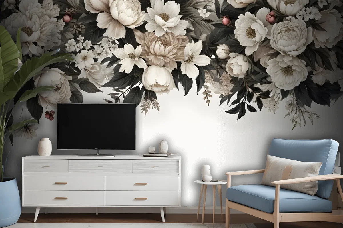 Retro Dark White Flowers Wallpaper Mural