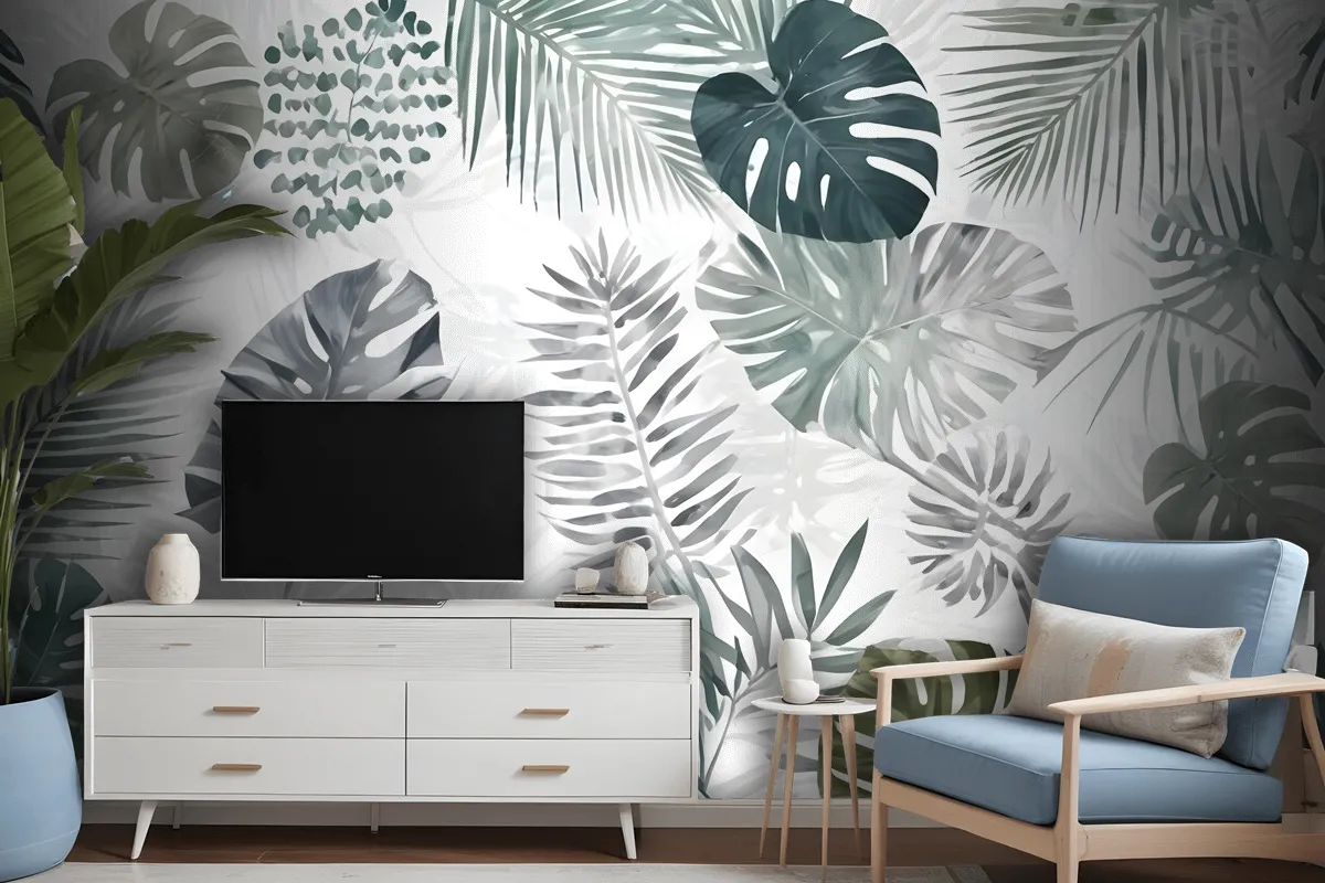 Retro Tropical Leaf Pattern Wallpaper Mural