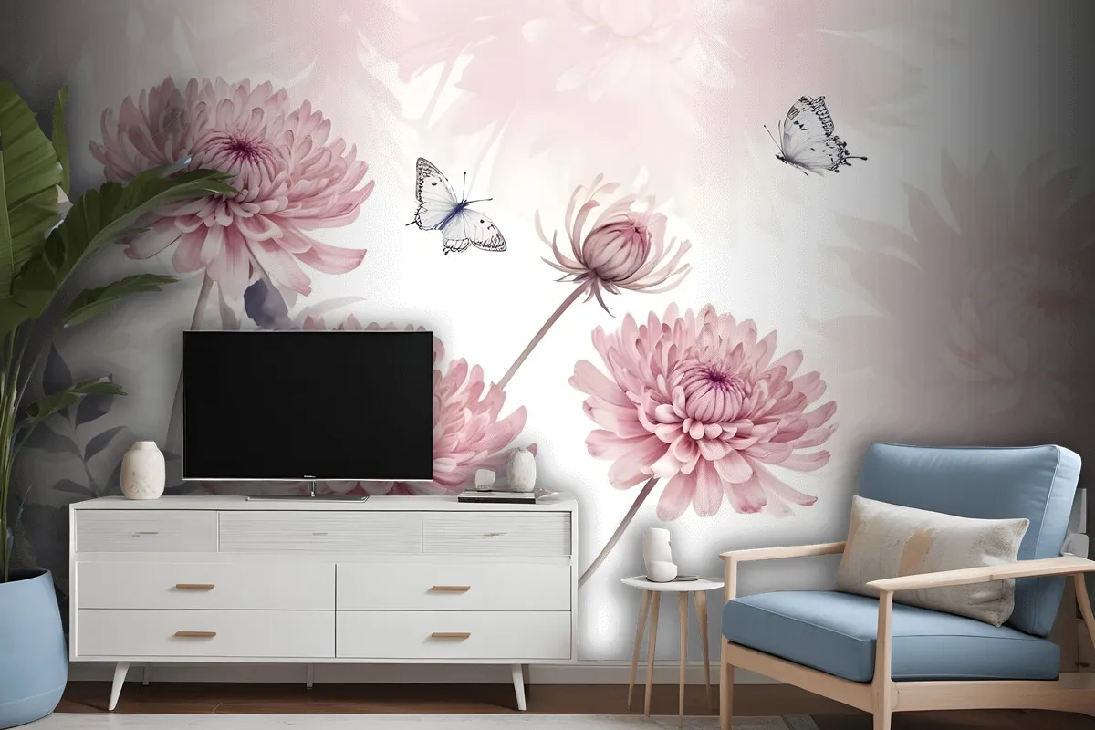 Retro Watercolor Pink Dandelion Flower Art Wallpaper Mural