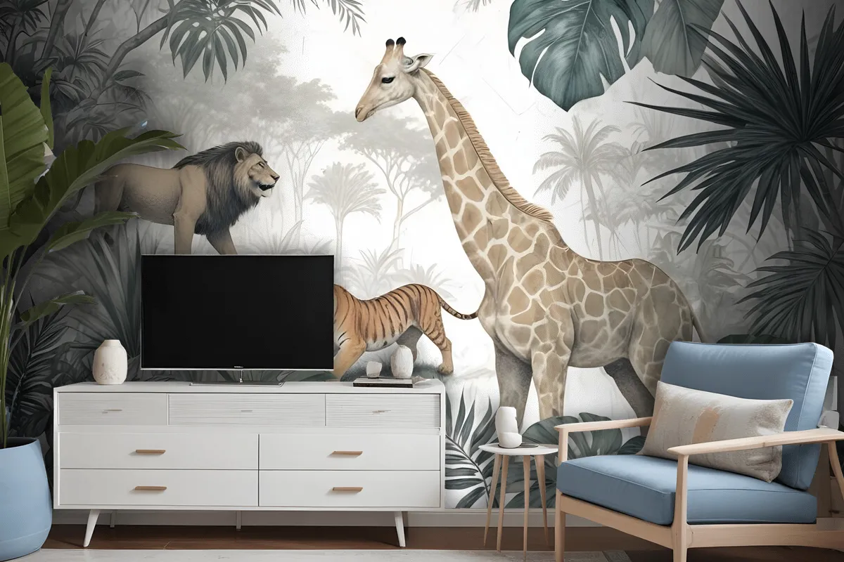 Retro Wild Animals With Tropical Leaves Wallpaper Mural