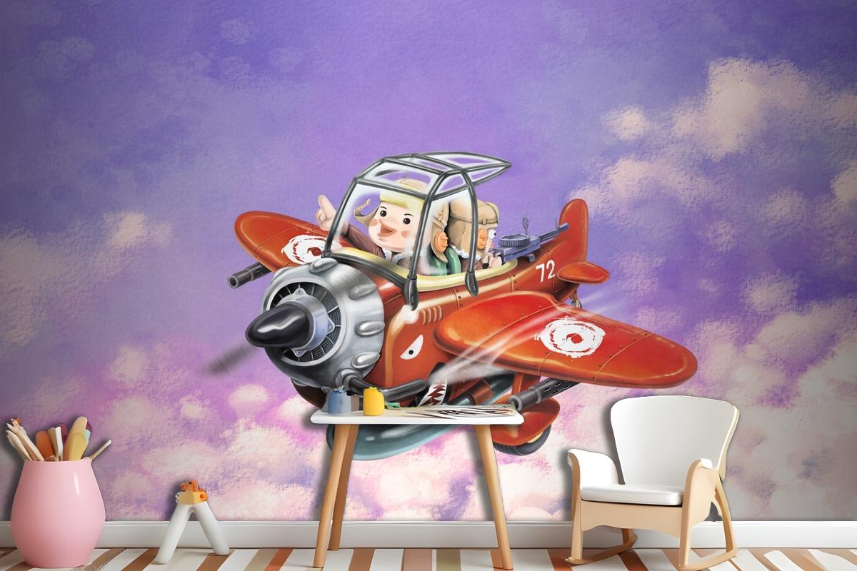 Riding A Red Plane Fly In The Sky Two Aviators Wallpaper Mural