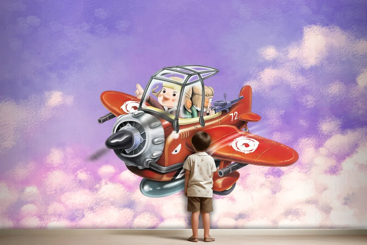 Riding A Red Plane Fly In The Sky Two Aviators Wallpaper Mural