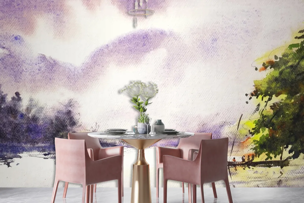 River And Life Hand Paint Watercolor Art Wallpaper Mural