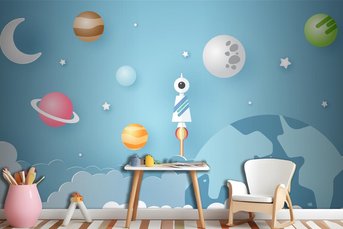 Rocket Is Surrounded By Various Celestial Objects Such As Planets Wallpaper Mural