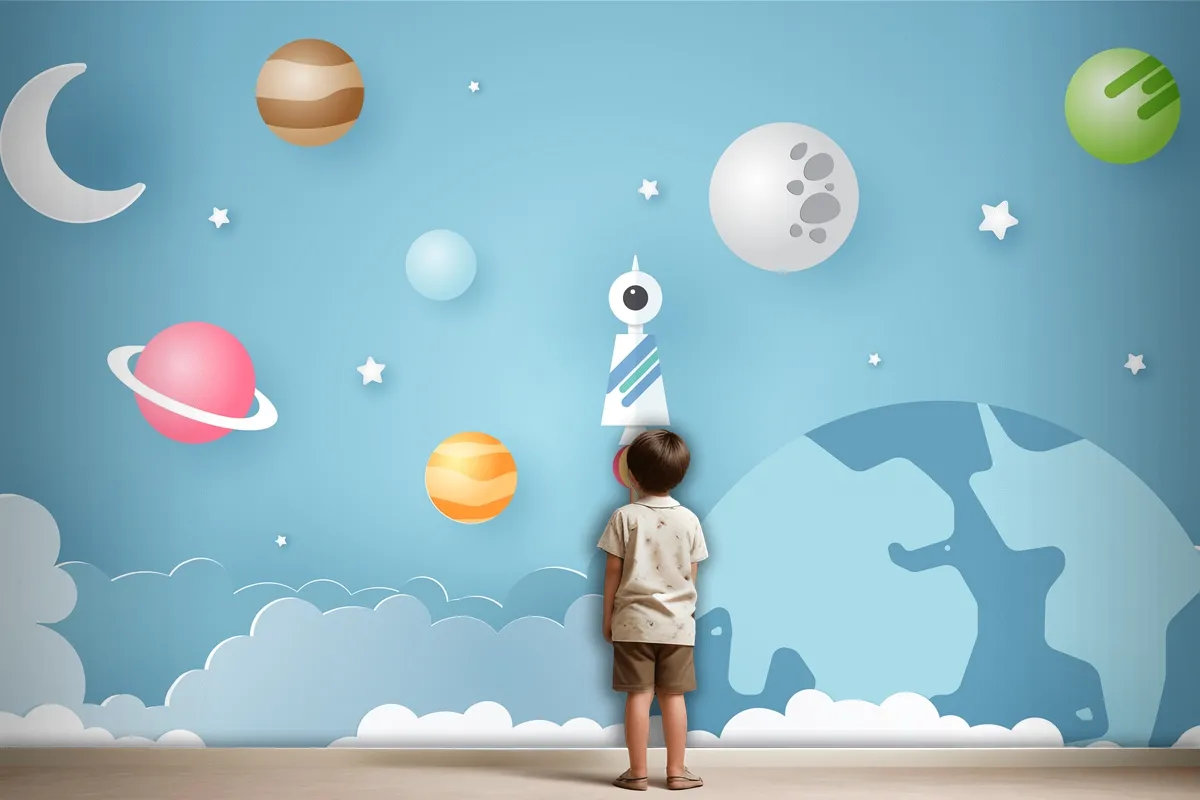 Rocket Is Surrounded By Various Celestial Objects Such As Planets Wallpaper Mural