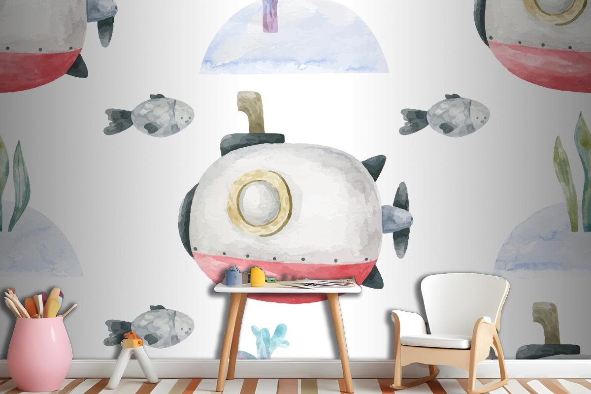 Seamless Background With Red Submarine And Underwater Wallpaper Mural