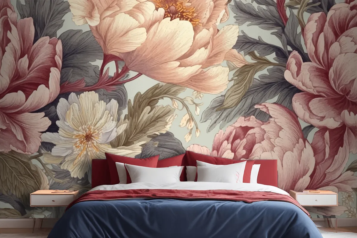 Seamless Boho Floral Pattern With Pink Peony Flowers Wallpaper Mural