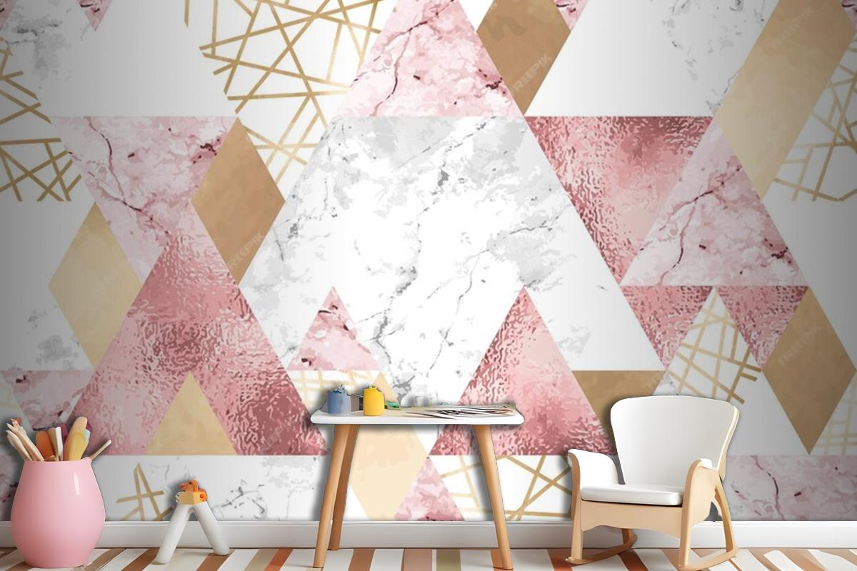 Seamless Geometric Pattern With Metallic Lines Rose Gold Gray And Pink Marble Triangles Wallpaper Mural