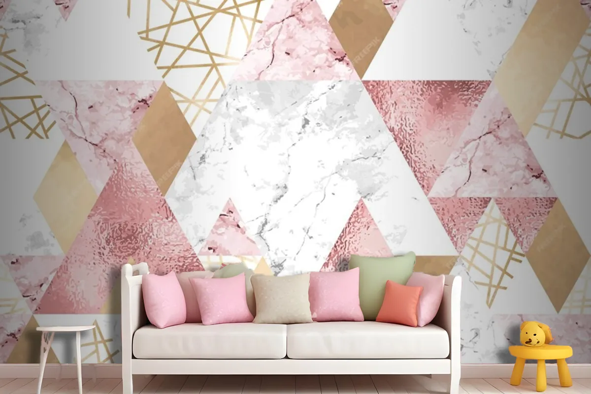 Seamless Geometric Pattern With Metallic Lines Rose Gold Gray And Pink Marble Triangles Wallpaper Mural