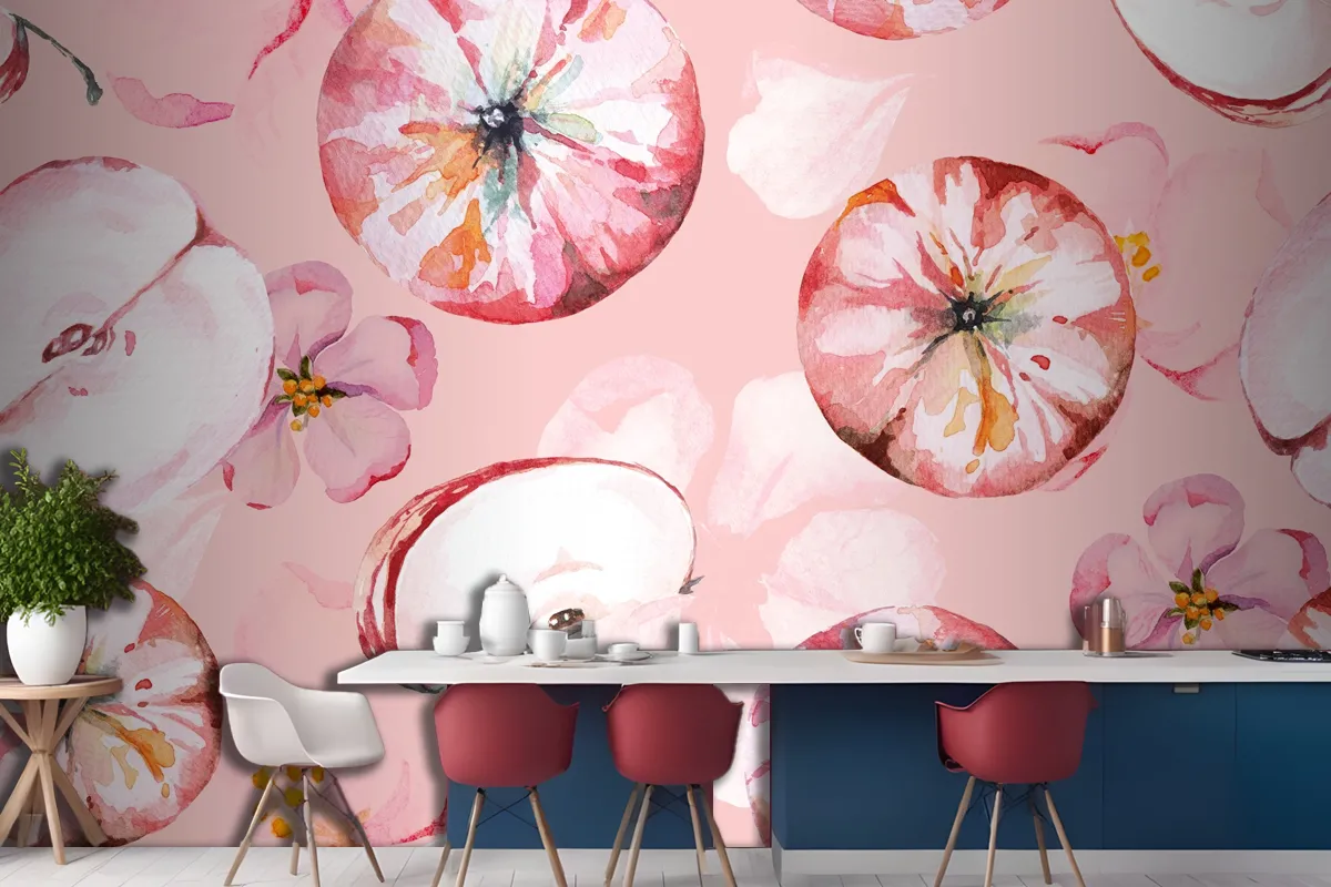 Seamless Pattern Apple And Flower Painted Wallpaper Mural